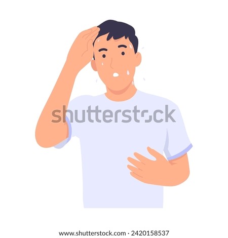 Shy man sweats and feels nervous when speaking in front of a public audience. Guy wiping sweat from face Because of the hot and sunny weather during the summer. Flat design Royalty-Free Stock Photo #2420158537