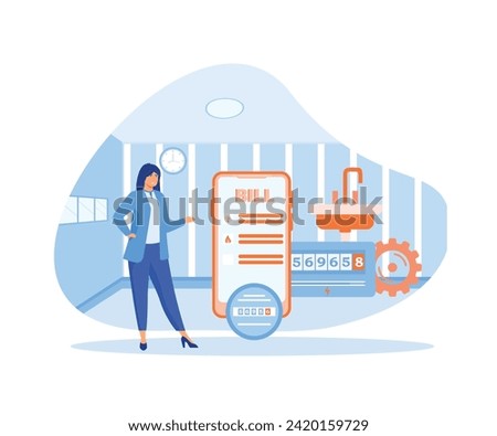 Housekeeping services. Utility bill in smart phone app. Woman pays gas, water, electricity, heating bills. flat vector modern illustration 