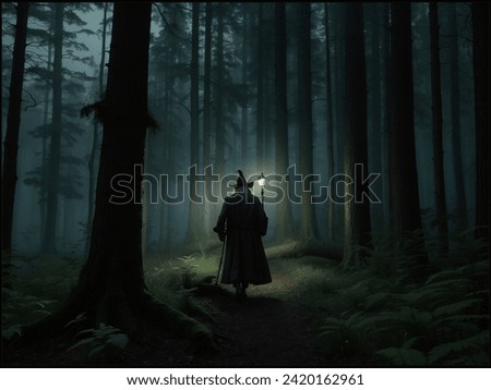 This evocative image portrays an enigmatic wizard, clad in a flowing black cloak and pointed hat, standing at the threshold of an enshrouded forest. Royalty-Free Stock Photo #2420162961