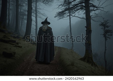 This evocative image portrays an enigmatic wizard, clad in a flowing black cloak and pointed hat, standing at the threshold of an enshrouded forest. Royalty-Free Stock Photo #2420162963
