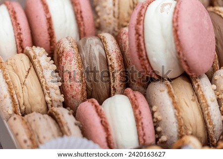Sweet french delicious dessert macaroons on box background. Bakery concept