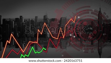 Image of financial data processing over cityscape. Global business, finances, computing and data processing concept digitally generated image.