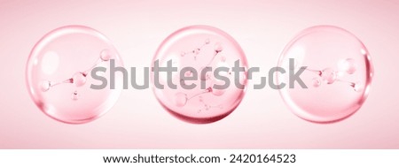 Molecules inside bubbles on pink background. Collagen serum bubble. Cosmetic essence. Concept skin care cosmetics solution. Vector 3d illustration Royalty-Free Stock Photo #2420164523