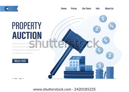 Property auction, landing page template. Modern building, big auction hammer and money. House for sale, profit from real estate deal. Web banner. Design in trendy blue colors. Flat vector illustration Royalty-Free Stock Photo #2420185235