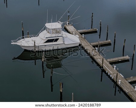 An aerial view of a mostly empty marina in the off season, on a cloudy day on Long Island, New York. Royalty-Free Stock Photo #2420188789