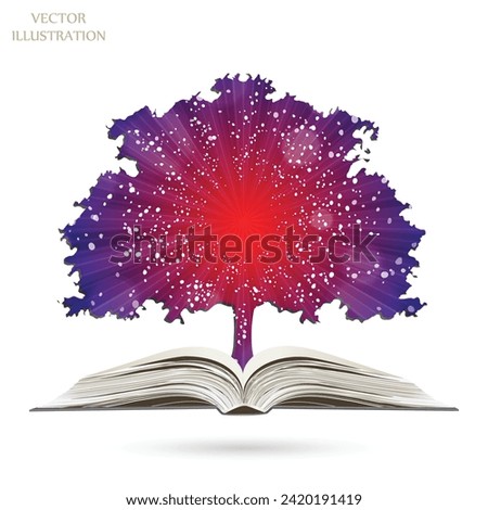 Paper tree growing from an open book. Ecologically clean world. Sun Sunburst Pattern. Sunbeam ray pattern sunburst background. Bright yellow, blue, red, orange, green color explosive background.