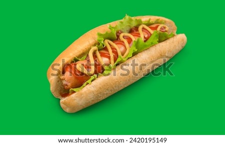 Hot dog with ketchup, mustard and letuce on green screen background