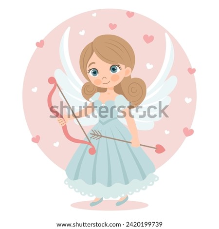 Cute girl cupid character with bow and arrow, angel girl. Valentine's Day card, pastel colors. Vector illustration in flat cartoon style