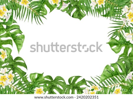 Green Palm and Monstera leaves, frangipani flowers. Watercolor hand drawn frame of tropical plants, plumeria for travel guides, spa, massage salon prints, wedding invitations. Jungle liana clip art.