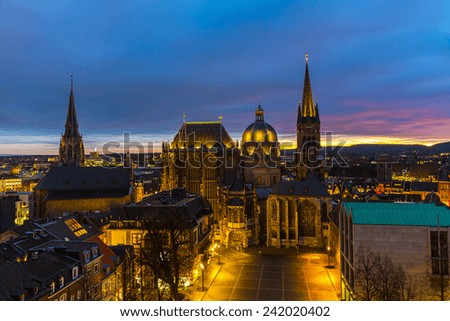 Aachen Cathedral at night with sunset sky 