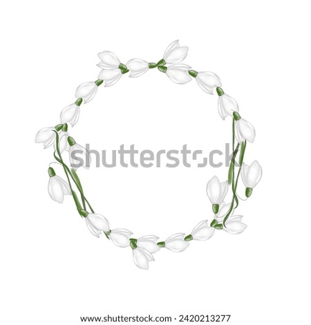 Snowdrops watercolor round frame hand drawing on isolated background. Wreath of botanical flowers clip art. Elegant illustration for designing cards for spring holidays and wedding.