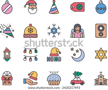 Filled color outline icons set for Merry Christmas.