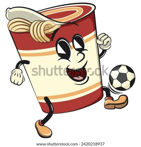 vector isolated clip art illustration of cute instant noodles cup mascot playing football or soccer, work of handmade