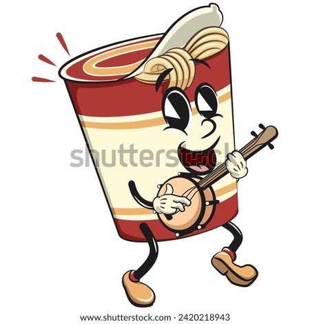 vector isolated clip art illustration of cute instant noodles cup mascot playing a banjo musical instrument, work of handmade