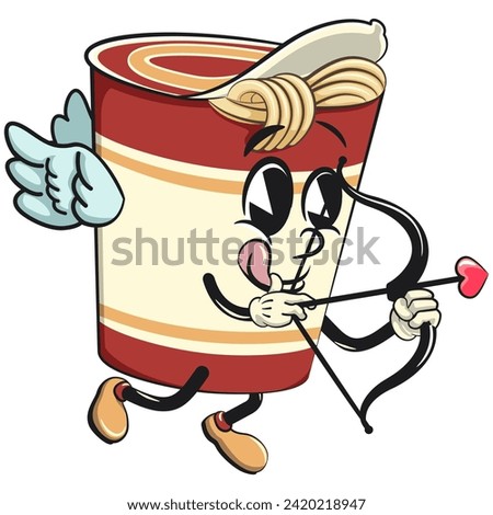 vector isolated clip art illustration of cute instant noodles cup mascot being cupid with arrow of love, work of handmade