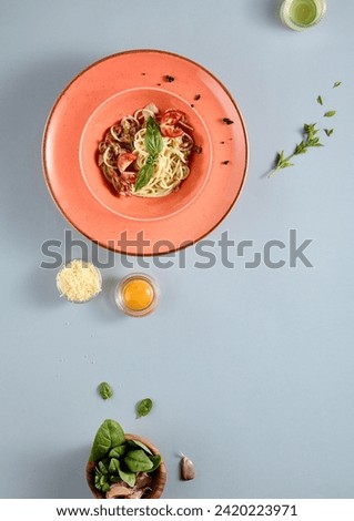 Classic Italian Carbonara pasta, top view with copy space, perfect for recipe websites and culinary presentations.