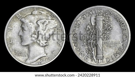 1940-S "Mercury" silver USA dime with winged Liberty head (for "freedom of thought") on front and fasces, ax, olive branch, and "S" mintmark on back. Isolated on black. Very Fine (VF) condition. Royalty-Free Stock Photo #2420228911