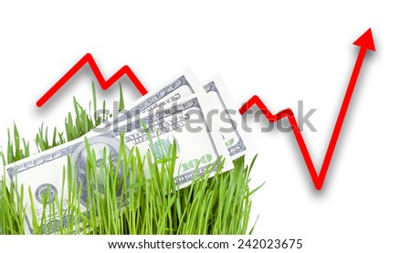 100 dollar bills growing in the green grass. Arrow rising up