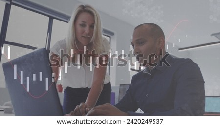 Image of financial data processing over diverse business people working in office. Global business, finances, computing and data processing concept digitally generated image.