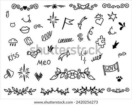 Hand drawn doodle design elements, black on white background. Doodle heart, arrow, star, sparkle decoration symbol set icon. symbols, cute decorative brush stroke lines sketch pen design elements