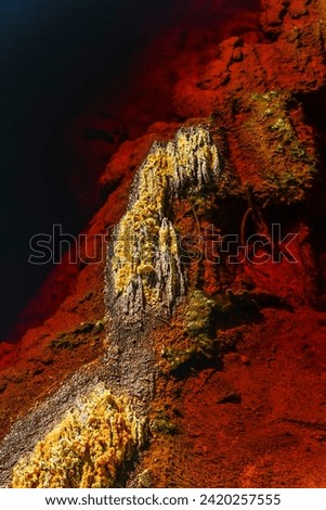 Sulfuric sediment and vibrant iron-rich deposits along the dark waters of the Rio Tinto river