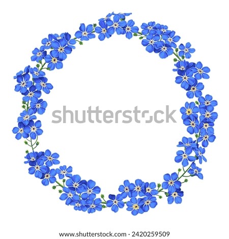 Floral botanical frame is composed of realistic blue forget-me-nots. Detailed hand-painted plants for your product design, textiles, clothing prints, postcards, social media ads, cosmetic wrappers