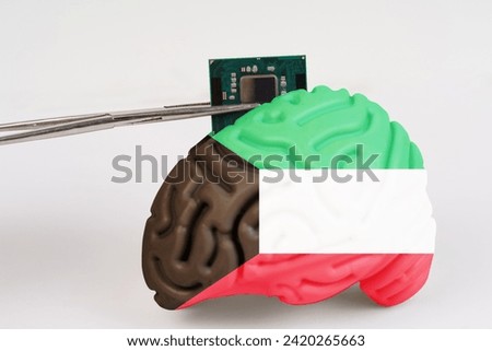 On a white background, a model of the brain with a picture of a flag - Kuwait, a microcircuit, a processor, is implanted into it. Close-up