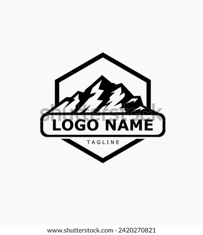 Mountain peak summit logo design. Outdoor hiking adventure wilderness travel symbol. Vector illustration Royalty-Free Stock Photo #2420270821