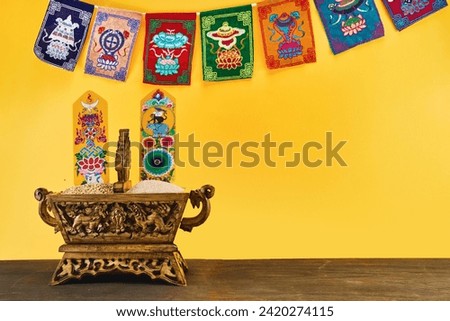 Losar Tibetan New Year. A Chemar box for Tibetan New Year with roasted barley and barley flour. Royalty-Free Stock Photo #2420274115