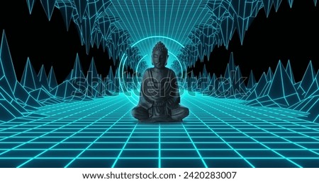 Image of buddha sculpture over neon tunnel metaverse background. Global networks, digital interface, computing and data processing concept digitally generated image.