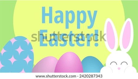 Sweet easter sale illustration with color Painted Egg and white rabbit on a yellow background. Vector Easter Holiday Design Template for Coupon, Banner, Voucher or Promotional Poster. Bunny.