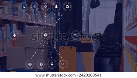 Image of network of connections with icons over warehouse. Global shipping, networks, computing and data processing concept digitally generated image.