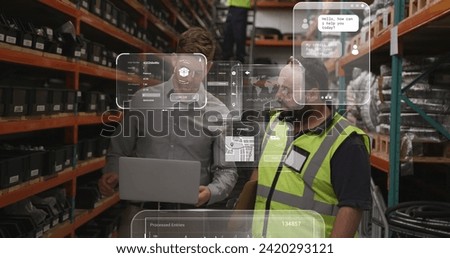 Image of data processing on screens over caucasian men working in warehouse. Global shipping, networks, digital interface, computing and data processing concept digitally generated image.