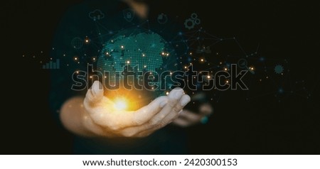 Technology digital and network global connection, Data science, business intelligence. Business man holding the visual internet global network technology and big data, cloud computing, AI