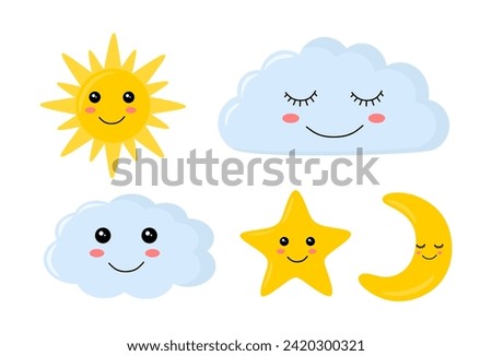 Set of cartoon star, sun, moon and clouds. Baby cute kawaii characters with funny and sleepy faces isolated on white background. Hand drawn colorful weather elements. Children Flat Vector illustration