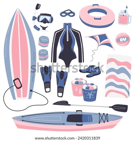 Summer vacation activities collection isolated. Outdoor sports and games set. Surfing and snorkeling resort. Season and holidays. Water and beach sports inventory hand drawn flat vector illustration