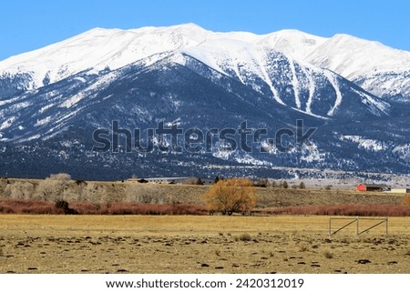Ranch on grasslands besides a riparian woodland with snow capped mountains beyond taken at the Rocky Mountains in the town of Buena Vista, CO Royalty-Free Stock Photo #2420312019