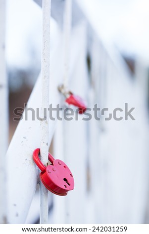 Love romantic padlocks locked on fence of the white bridge