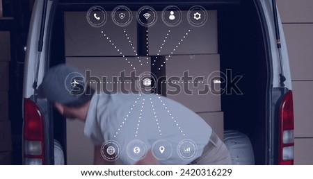 Image of data processing with icons over caucasian delivery man with boxes. Global shipping, networks, digital interface, computing and data processing concept digitally generated image.