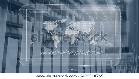 Image of data processing on screen over warehouse. Global shipping, networks, digital interface, computing and data processing concept digitally generated image.