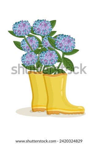 Bouquet of hydrangea flowers rain boots. Spring composition for women's day, mother's day, easter and other holidays. Spring floral design isolated vector illustration.