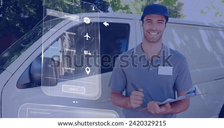 Image of data processing on screen over caucasian delivery man by van. Global shipping, networks, computing and data processing concept digitally generated image.