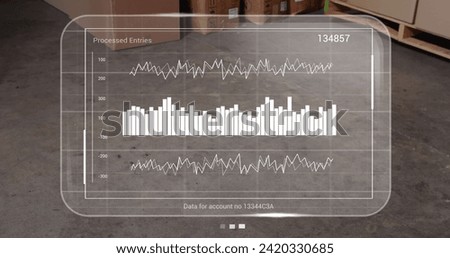 Image of data processing on screens over cardboard boxes. Global shipping, networks, digital interface, computing and data processing concept digitally generated image.