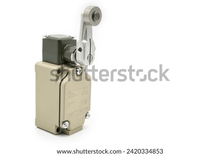 Limit switch sensor of the machine. limit switch for mechanical movement and actuators limits. isolated on white background of limit switch, control device, electrical equipment in control system. Royalty-Free Stock Photo #2420334853