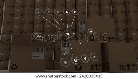 Image of network of connections with icons over boxes. Global shipping, networks, computing and data processing concept digitally generated image.
