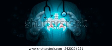Joint pain, cartilage in poor condition, femoral head. Pelvis, degenerative hip disease. Inflammation due to arthritis and osteoarthritis. Doctor isolated on dark background Royalty-Free Stock Photo #2420336221