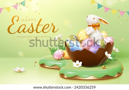 3D Easter template with chocolate eggs and porcelain bunny on grass podium on green background. Royalty-Free Stock Photo #2420336259