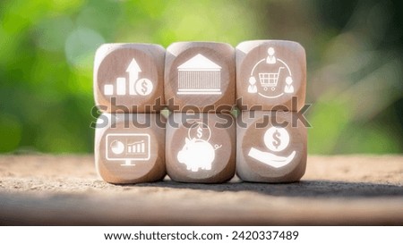 Inflation concept, Wooden block on desk with inflation icon on virtual screen. Goods, Supply and Demand, Scarcity, Price Increase, Purchasing Power, Investment, Economics, Depreciation.