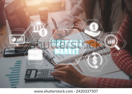 Financial market concept, Business team analyzing income charts and graphs on office desk with financial market icon on virtual screen. Securities, Risks, Stock Exchange, Cryptocurrency Exchange.