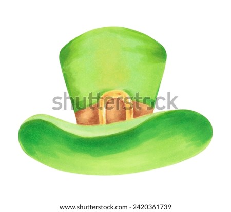 Green leprechaun top hat for St. Patrick's Day. Illustration with watercolors and markers. Clip art of a hat with a gold buckle. Hand drawn isolated art. Sketch of a classic retro vintage top hat.